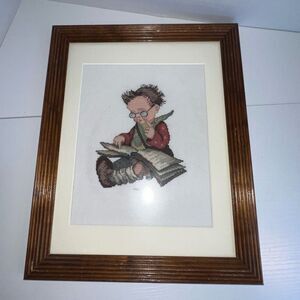 VTG Hummel Framed Cross Stitch Hand Sewn Wood Frame Glass Front Reading Books